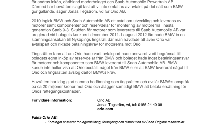 Hovrätten ger Orio rätt i tvisten mot BMW