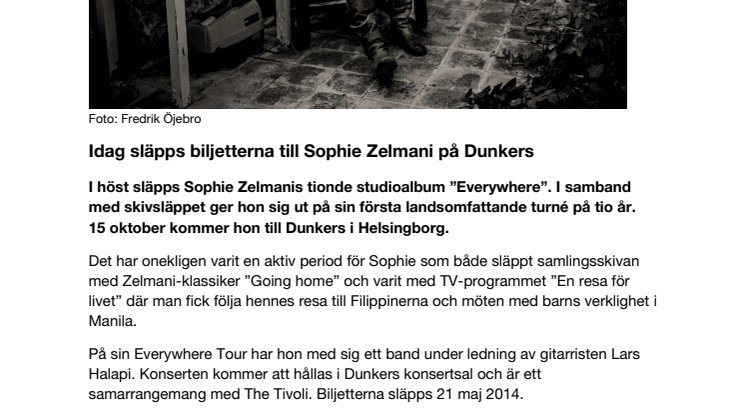 Biljetterna släpps till Sophie Zelmani på Dunkers