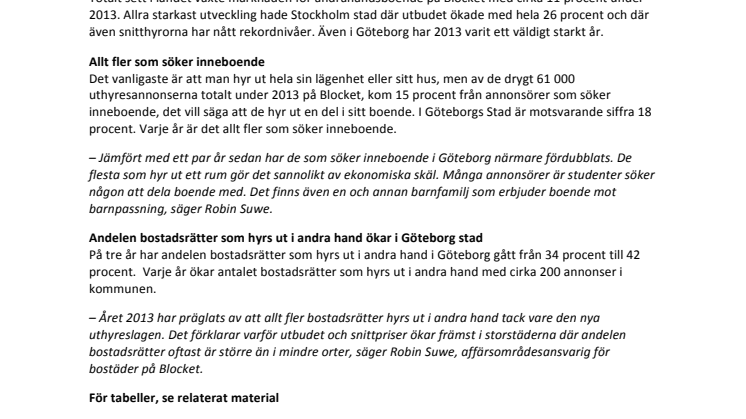 Andrahandsboendet 2013 i Göteborgs Stad: 11 procent större utbud och fler som söker inneboende