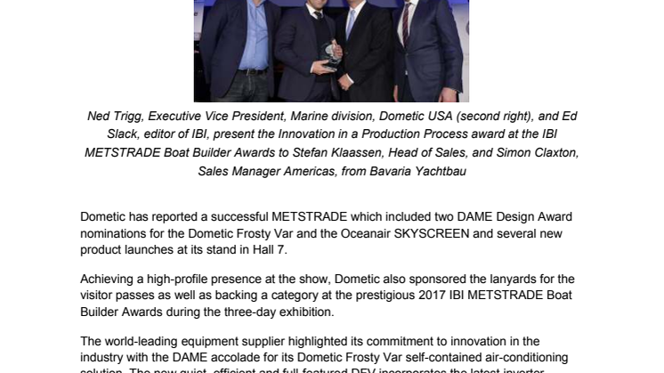 Dometic Reports METSTRADE Success with DAME Nominations and Sponsorship Boost