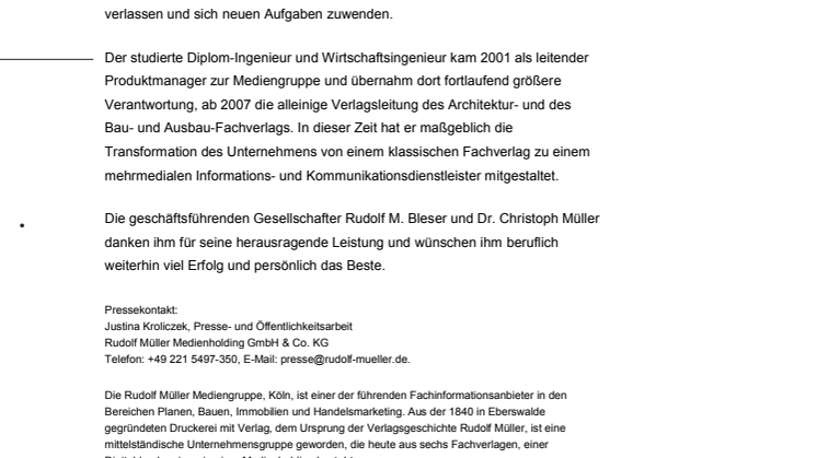Rudolf Müller Mediengruppe: Verlagsleiter Gregor Reichle verlässt das Unternehmen