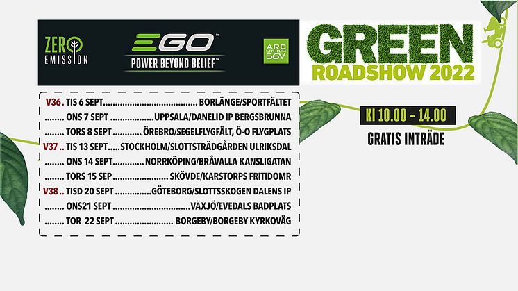 Hållplatser och datum för Green Roadshow 2022