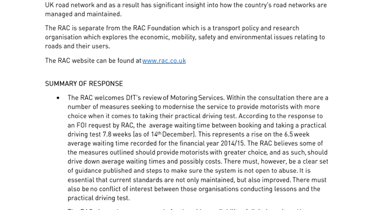 RAC Response to DfT Motoring Services Consultation