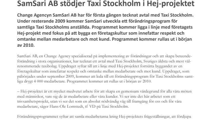 SamSari AB stödjer Taxi Stockholm i Hej-projektet