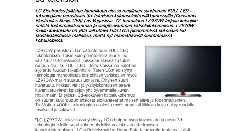 LG esittelee maailman suurimman FULL LED 3d-television 