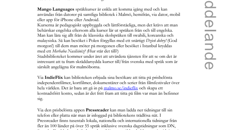 Nya digitala erbjudanden på Malmös bibliotek: Språkkurser, independent-film och tidningar