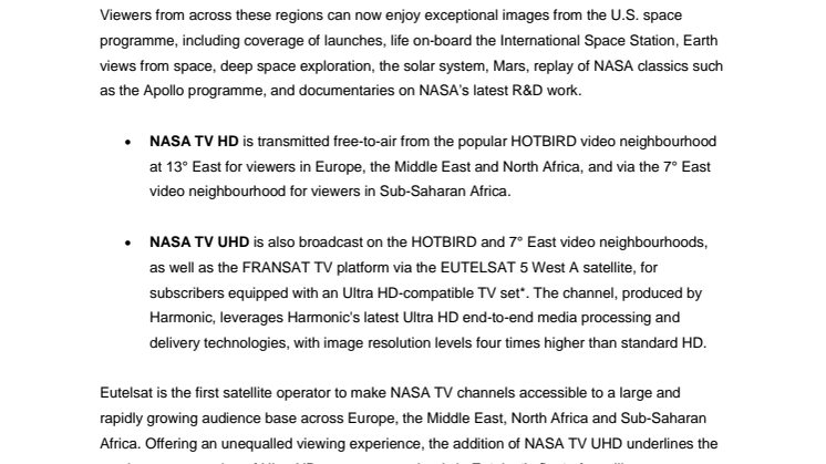 NASA TV HD and NASA TV UHD distributed on Eutelsat satellites