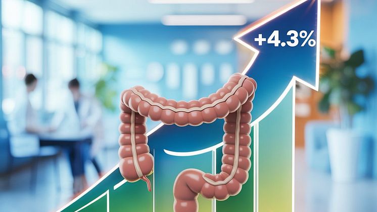 Grafik zeigt einen Anstieg um 4,3 Prozent bei den Vorsorgedarmspiegelungen. Im Hintergrund sind Ärzte im Kliniksetting.