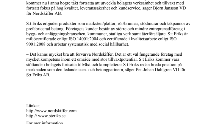 Nordskiffer förvärvas av S:t Eriks