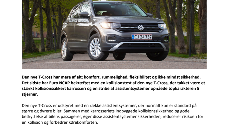 Den nye T-Cross scorer fem stjerner i Euro NCAP