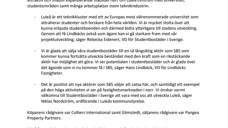 Studentbostäder i Sverige förvärvar 1443 studentlägenheter från Lindbäcks Fastigheter AB