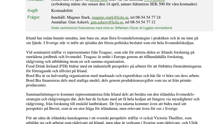 Seminarium 18 april: Vad kan Sverige lära av Irlands livsmedelsstrategi?