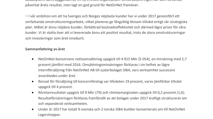 NetOnNet levererar positivt resultat under investerings- och omstruktureringsåret 2017