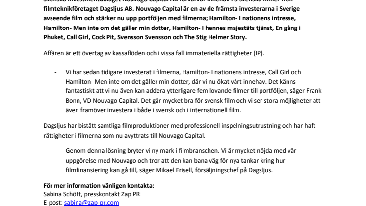 Nouvago Capital AB stärker filminnehavet med 8 svenska storfilmer