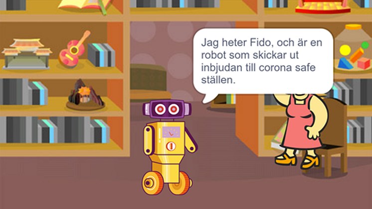 Det vinnande bidraget med roboten Fido som stödjer ett coronasäkert samhälle.