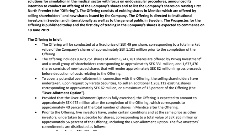 Mentice announces offering of shares and publishes prospectus in connection with Nasdaq First North Premier listing