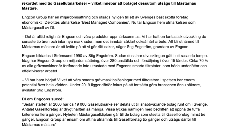 Engcon utsedd till Mästarnas Mästare-gasell – det svenska bolag som har mottagit flest Gasellutmärkelser