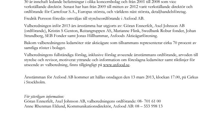 Valberedningens förslag till styrelse i Axfood AB 