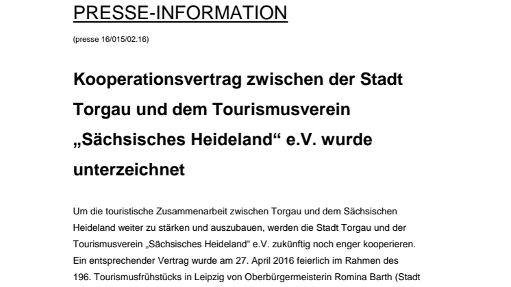 Kooperationsvertrag zwischen der Stadt Torgau und dem Tourismusverein „Sächsisches Heideland“ e.V. wurde unterzeichnet