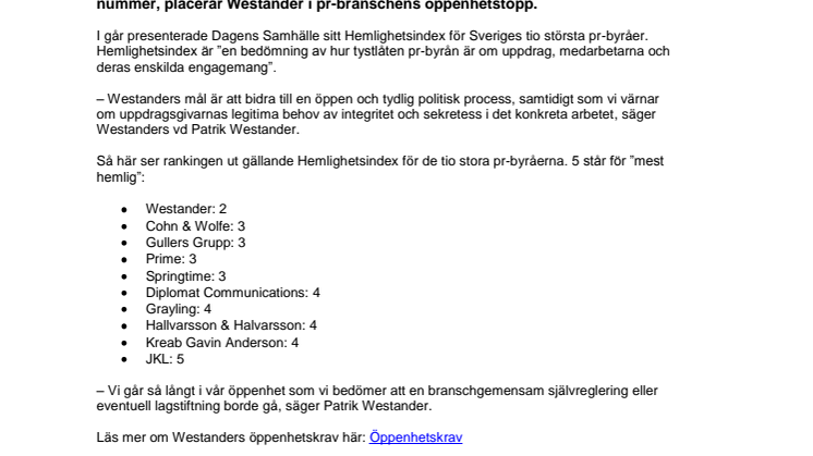 Westander i öppenhetstopp