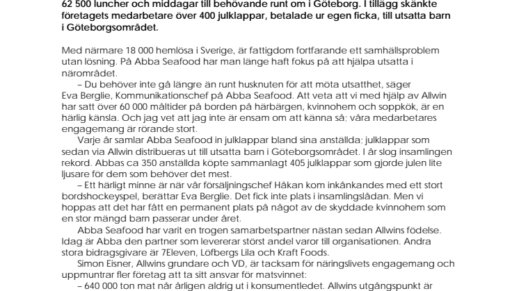 Abba Seafood skänker över 60 000 måltider till behövande