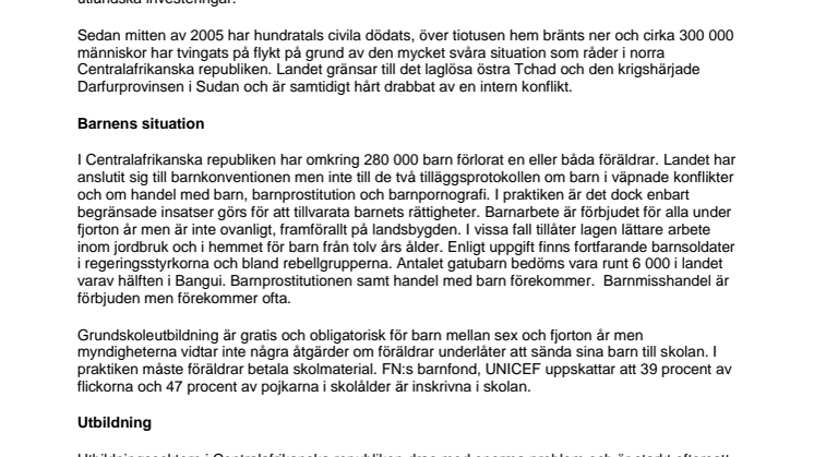 Pressfakta: Centralafrikanska republiken - hälsa, utbildning och barns situation