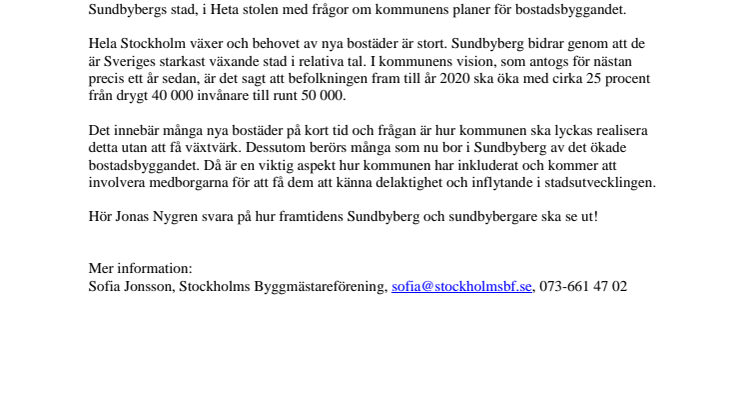 Pressinbjudan: Hur ser planerna för bostadsbyggandet ut i Sundbyberg? 
