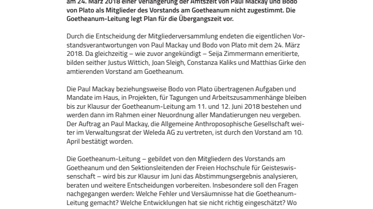 Nichtbestätigung zweier Vorstandsmitglieder: ​Goetheanum-Leitung definiert Schritte der Übergangszeit
