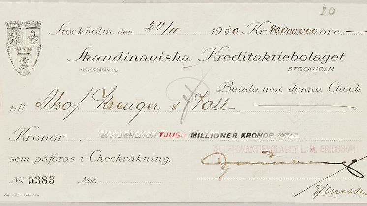 KREUGER & TOLL, CHECK FRÅN L.M. ERICSSON, 20 miljoner kr, daterad 1930