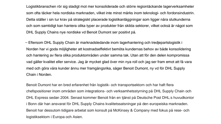 Benoit Dumont ny vd för DHL Supply Chain i Norden