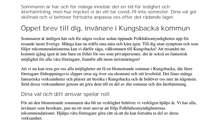 Öppet brev till invånare i Kungsbacka kommun: Dina val är viktiga – tillsammans tar vi ansvar under sommaren