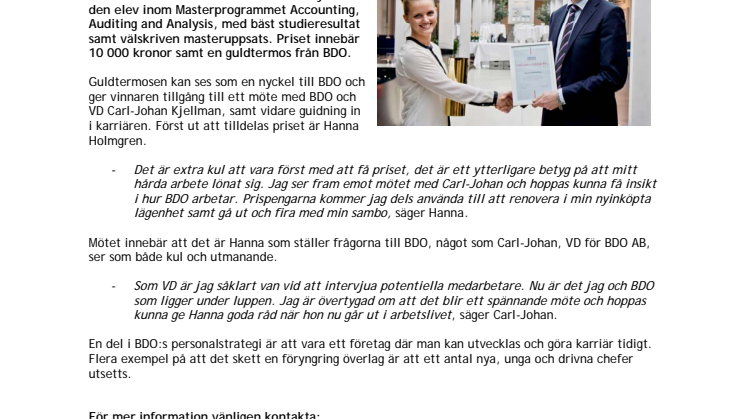BDO instiftar studentpriset "Välkommen möjligheter"