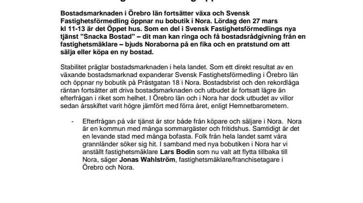 Svensk Fastighetsförmedling öppnar bobutik i Nora 