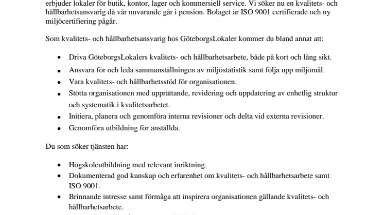 ​GöteborgsLokaler söker kvalitets- och hållbarhetsansvarig