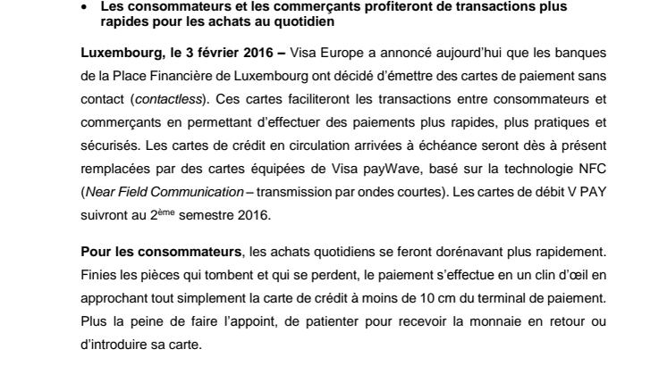 Le Luxembourg passe aux cartes de paiement sans contact avec Visa Europe