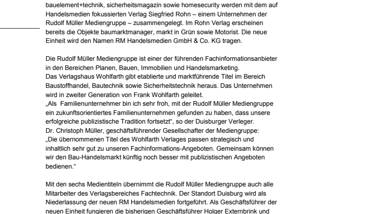 Rudolf Müller Mediengruppe übernimmt den Verlagsbereich Fachtechnik des Verlagshauses Wohlfarth