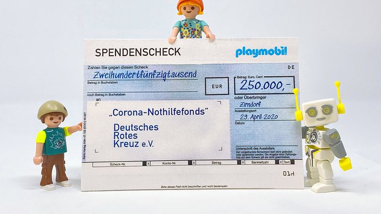 Großspende aus PLAYMOBIL Charity-Aktion: 250.000 Euro für Corona-Nothilfefonds des DRK