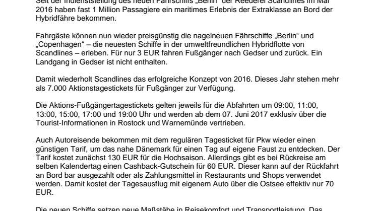 Scandlines spendiert über 7.000 Fußgängertickets für nur 3 EUR