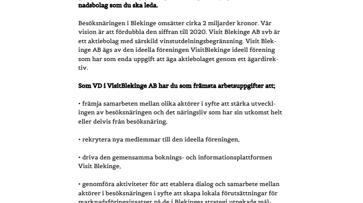 Visit Blekinge rekryterar nu en marknadsinriktad VD