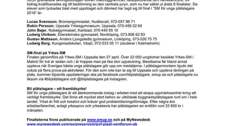 Här är de 6 finalisterna i  ”SM för unga plåtslagare 2018”!