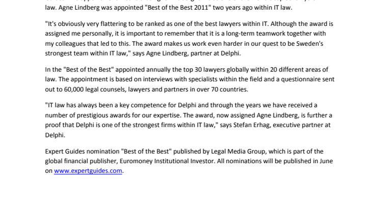  Agne Lindberg named to be one of the world's top IT lawyers