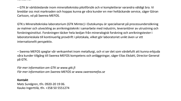 Svensk-finskt samarbete inom mineralteknik och metallurgi