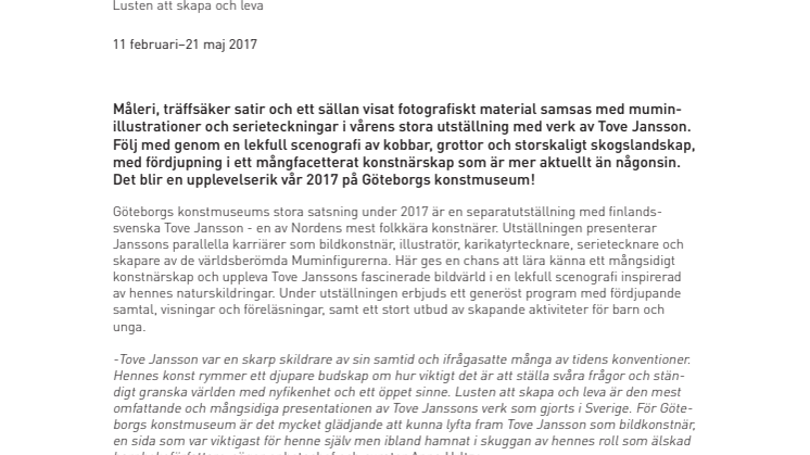 Tove Jansson presenteras i stor utställning på Göteborgs konstmuseum 