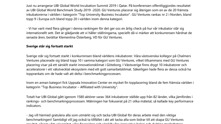 GU Ventures återigen topprankad som en av världens främsta inkubatorer