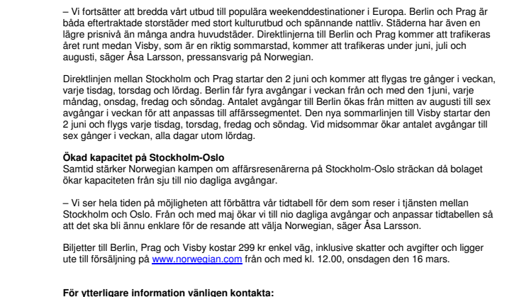 Norwegian startar direktlinjer till Berlin, Prag och Visby
