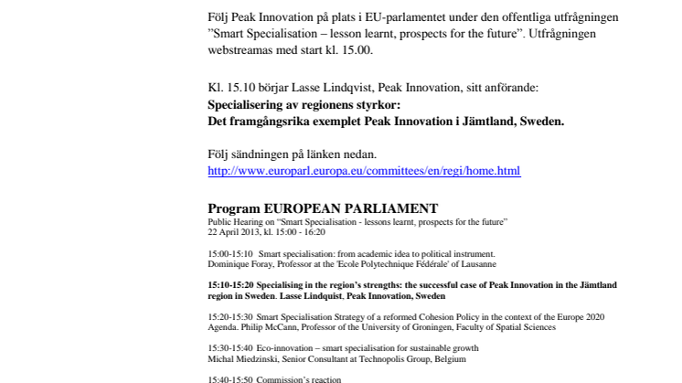 Peak Innovation lovar överraskning i Bryssel – följ presentationen på webben