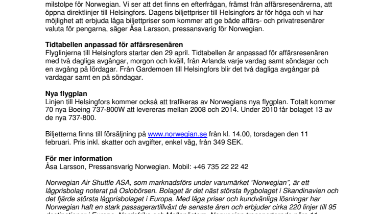 Norwegian satsar i Norden och öppnar direktlinjer till Helsingfors från Stockholm och Oslo