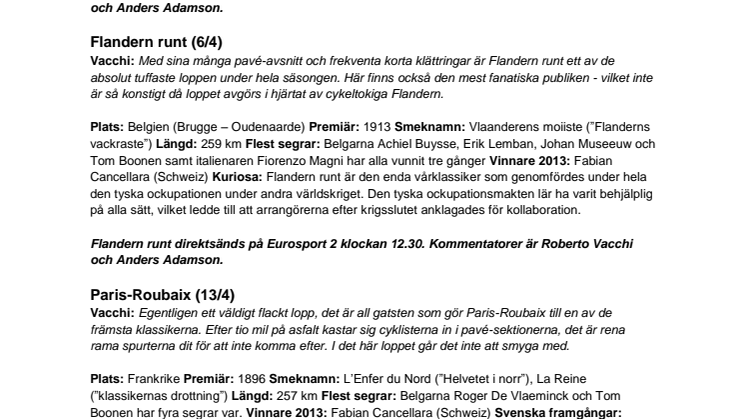 Eurosports guide till cykelns vårklassiker 2014