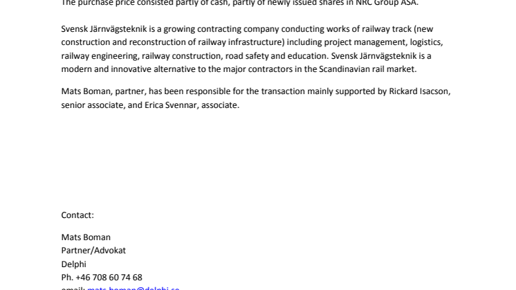  Delphi advisor in the sale of Svensk Järnvägsteknik AB