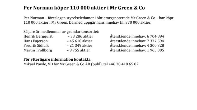 Per Norman köper 110 000 aktier i Mr Green & Co